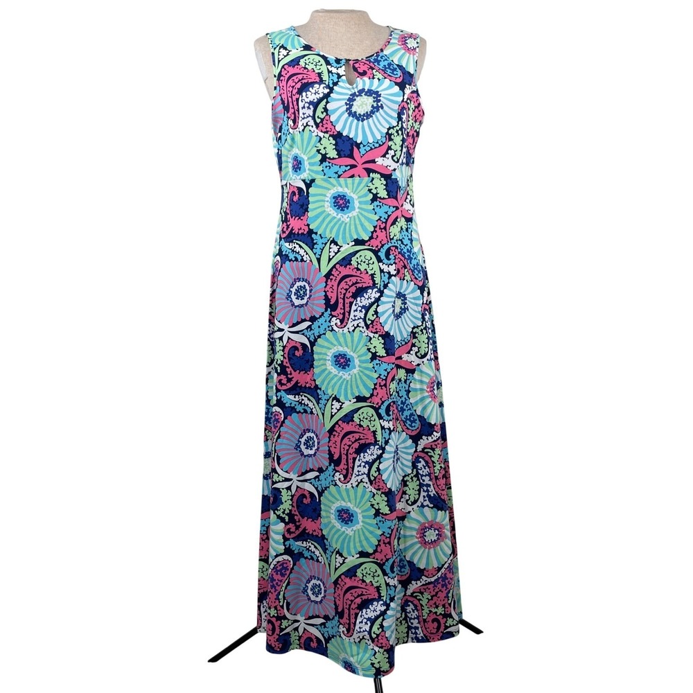 Talbots Womens Blue Pink Floral Paisley Sleeveless Keyhole Maxi Dress Medium - Picture 2 of 9
